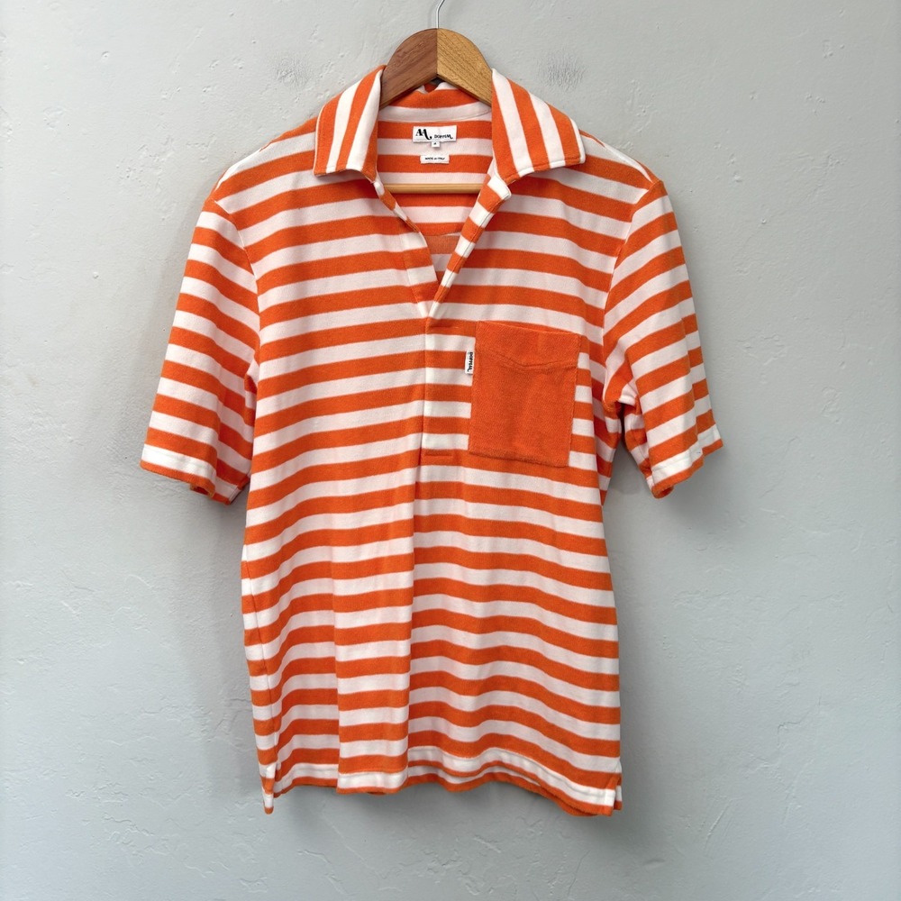 Doppiaa Aadeo Terry Striped Polo Shirt Men Size Medium Orange White Short Sleeve